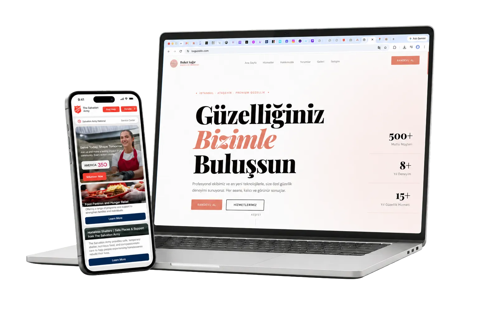 Laptop and phone showing websites designed and built by Cagatay Sagir